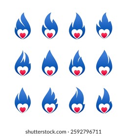 Fire flame icon set, hot heart symbols, can be used for logo and brand name, vector illustration.