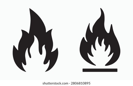 Fire flame icon set, hot bonfire, burning sign, hazard warning.