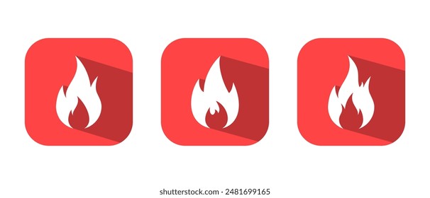 Fire flame icon set long shadow. Bonfire sign symbol on red square