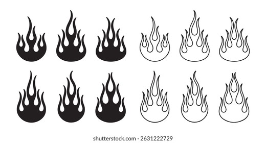 fire Flame Icon Set – Fire Outline to Solid Vector Pack on white background