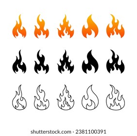 Fire flame icon. Set of red hot fiery element. Simple black shape of campfire. Heat energy symbol, flammable warning sign. Editable stroke. vector