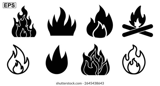 Fire Flame Icon Set – Solid and Outline Black Fire Symbols Including Campfire, Bonfire, and Heat Icons for Safety Signs, App UI, Emergency Graphics, and Energy Branding