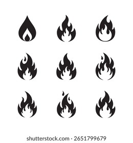 Fire flame icon set symbolizing heat, burn and danger