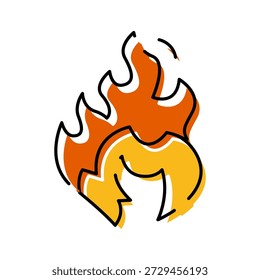 Fire flame icon showing burning heat and warm energy, featuring a doodle style outline filled with vibrant orange and yellow colors on a white background