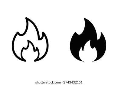 Fire Flame Icon: Simple Line Art and Solid Silhouette