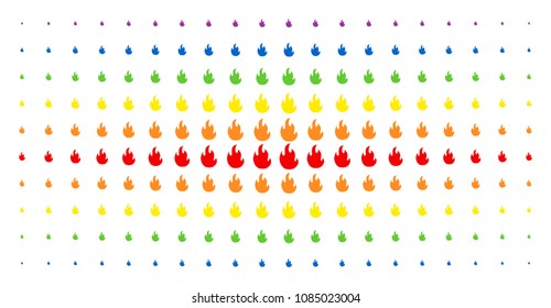 Fire flame icon spectrum halftone pattern. Vector fire flame pictograms are arranged into halftone array with vertical spectral gradient. Designed for backgrounds, covers,