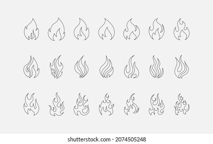 Fire flame icon, thin line style, flat design collection vector. Simple fire flame, fireball, fire outline vector illustration set.