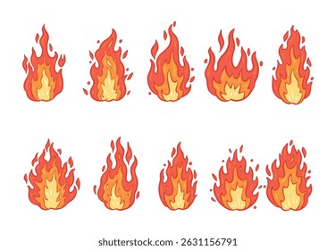 Fire flame icon vector design symbol. Set of fire icons. Flame design of different shapes.