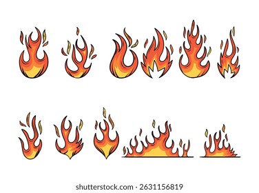 Fire flame icon vector design symbol. Set of fire icons. Flame design of different shapes.