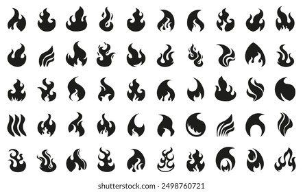 Fire flame icons. Big set of different fire flames in black