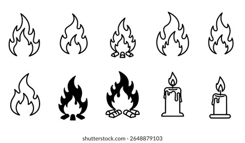 Iconos de fuego y llama en negrita y estilos de línea para símbolos de advertencia, supervivencia y gráficos de camping