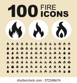 Iconos de fuego y llama. Pictograma de la hoguera. Grabar gráfico vectorial. Ignorar colección de diseño.