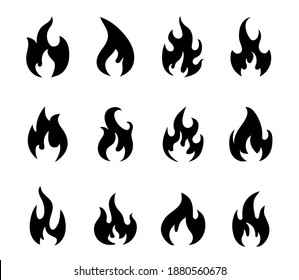 Fire Flame icons. Burning Flame black silhouettes. Elements for logos or design. Vector isolated on white