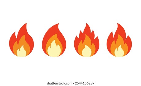 Iconos de llama de fuego en estilo de dibujos animados. Llamas de diferentes Formas. Conjunto de bolas de fuego, símbolos en llamas. Fogata llameando. Hoguera roja caliente de la historieta. Diseño de Vector plano.