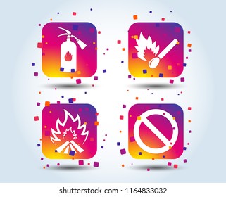 Fire flame icons. Fire extinguisher sign. Prohibition stop symbol. Burning matchstick. Colour gradient square buttons. Flat design concept. Vector