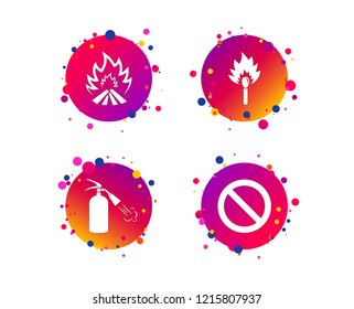 Fire flame icons. Fire extinguisher sign. Prohibition stop symbol. Burning matchstick. Gradient circle buttons with icons. Random dots design. Vector