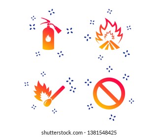 Fire flame icons. Fire extinguisher sign. Prohibition stop symbol. Burning matchstick. Random dynamic shapes. Gradient fire icon. Vector