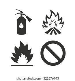 Fire flame icons. Fire extinguisher sign. Prohibition stop symbol. Flat icons on white. Vector
