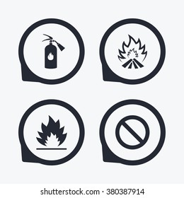 Fire flame icons. Fire extinguisher sign. Prohibition stop symbol. Flat icon pointers.