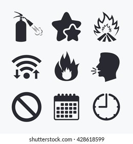 Fire flame icons. Fire extinguisher sign. Prohibition stop symbol. Wifi internet, favorite stars, calendar and clock. Talking head. Vector