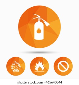 Fire flame icons. Fire extinguisher sign. Prohibition stop symbol. Triangular low poly buttons with shadow. Vector