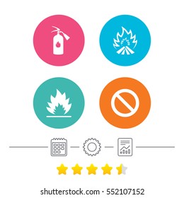 Fire flame icons. Fire extinguisher sign. Prohibition stop symbol. Calendar, cogwheel and report linear icons. Star vote ranking. Vector