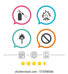 Fire flame icons. Fire extinguisher sign. Prohibition stop symbol. Burning matchstick. Calendar, internet globe and report linear icons. Star vote ranking. Vector