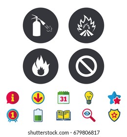 Fire flame icons. Fire extinguisher sign. Prohibition stop symbol. Calendar, Information and Download signs. Stars, Award and Book icons. Light bulb, Shield and Search. Vector