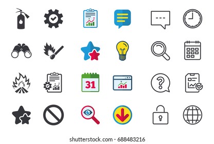 Fire flame icons. Fire extinguisher sign. Prohibition stop symbol. Burning matchstick. Chat, Report and Calendar signs. Stars, Statistics and Download icons. Question, Clock and Globe. Vector