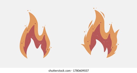 Fire Flame Icons With Grunge Texture. Vintage Hipster Fire Flame Set. Fire Design Element For Logo, Label, Badge. Vector Illustration.