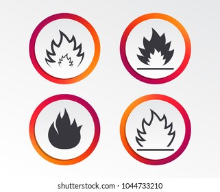 Fire flame icons. Heat symbols. Inflammable signs. Infographic design buttons. Circle templates. Vector