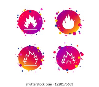 Fire flame icons. Heat symbols. Inflammable signs. Gradient circle buttons with icons. Random dots design. Vector