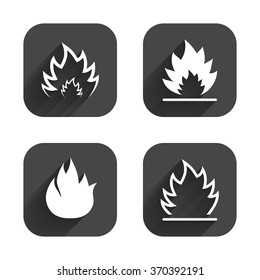 Fire flame icons. Heat symbols. Inflammable signs. Square flat buttons with long shadow.