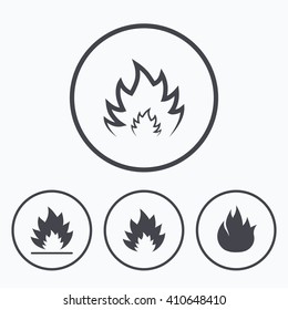 Fire flame icons. Heat symbols. Inflammable signs. Icons in circles.