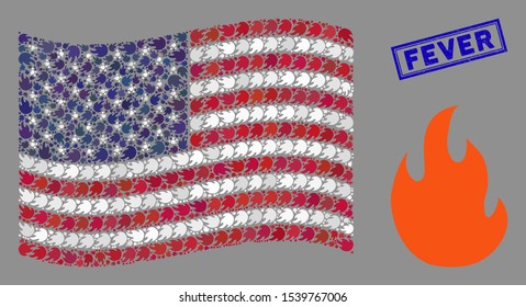 Fire flame icons are organized into USA flag stylization with blue rectangle distressed stamp seal of Fever phrase. Vector composition of USA waving flag is designed of fire flame icons.