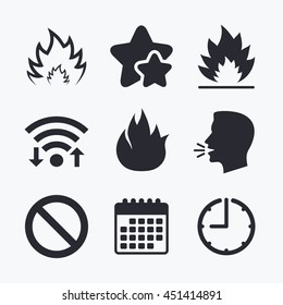 Fire flame icons. Prohibition stop sign symbol. Wifi internet, favorite stars, calendar and clock. Talking head. Vector