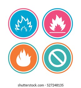 Fire flame icons. Prohibition stop sign symbol. Colored circle buttons. Vector