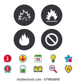 Fire flame icons. Prohibition stop sign symbol. Calendar, Information and Download signs. Stars, Award and Book icons. Light bulb, Shield and Search. Vector