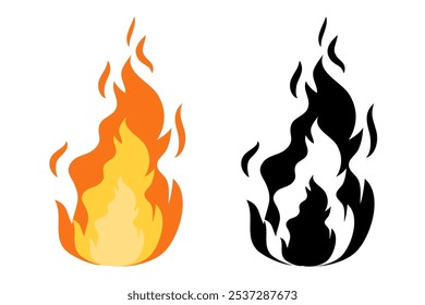 Fire flame icons. Red-orange and black-white silhouettes of fire. Abstract vector Illustrations isolated on transparent background.