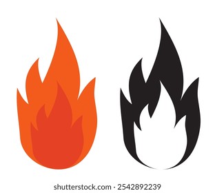 Fire flame icons. Red-orange and black-white silhouettes of fire. Abstract vector Illustrations isolated on transparent background.