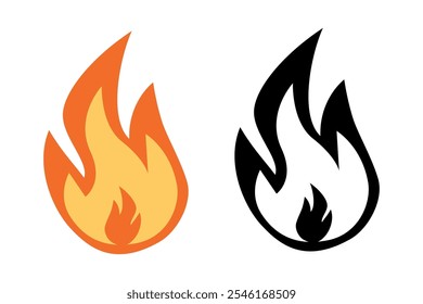 Fire flame icons. Red-orange and black-white silhouettes of fire. Abstract vector Illustrations isolated on transparent background.