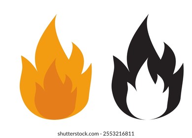 Fire flame icons. Red-orange and black-white silhouettes of fire. Abstract vector Illustrations isolated on transparent background.