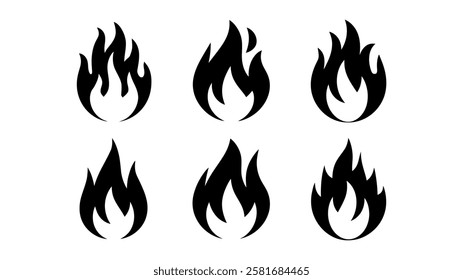 Fire Flame Icons Set - Burning Symbol, Heat, Energy, Wildfire, Hot, Blazing, Inferno, Bonfire, Gas, Heatwave Vector