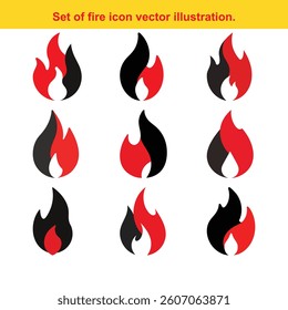 Fire flame icons set, red and black colors, abstract energy graphic design elements.
