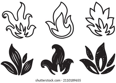 Fire Flame Icons Vector Set. Hand Drawn Doodle Sketch Fire Flame Tattoo Black and White Silhouette