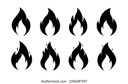 Fire flame icons. Vector simple burning campfire silhouette symbols, hot chile sauce, bonfire shape. Set of fire logos