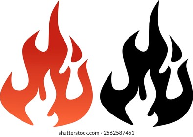 Fire Flame Isolated Icon Set.  Bonfire, Campfire, Flame Sign, Front View. Vector Illustration