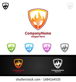 Fire and Flame with leaf Logo Design Concept