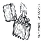 Fire flame and lighter burns with the lid open. Burning cigarette lighter. Sketch vintage vector illustration