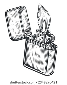 Fire flame and lighter burns with the lid open. Burning cigarette lighter. Sketch vintage vector illustration